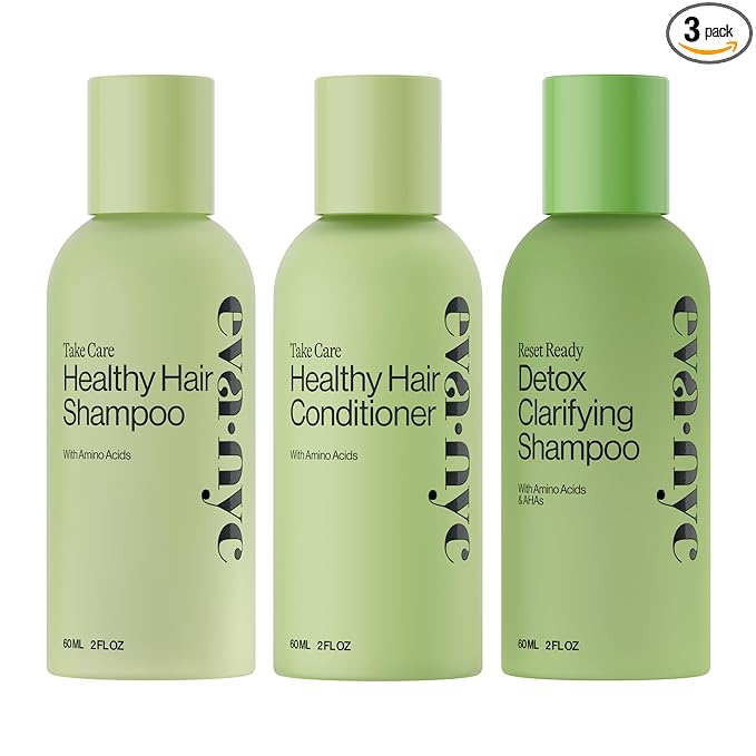 Eva NYC Travel Shampoo and Conditioner Set with Weekly Clarifying Shampoo - Gentle Daily Cleansing - Amino Acids + AHA's - Moisture + Shine - Protects From Hard Water - Lavender Scent - 6oz