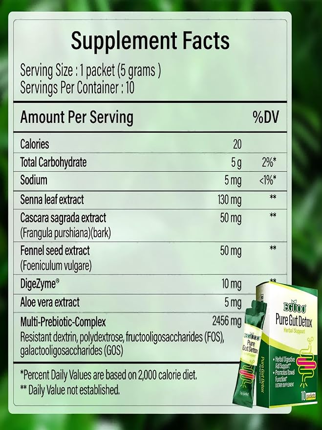 Pure Gut Detox Powder – Bloating & Digestive Support | 10 Sachets Colon Cleanse with 2,456mg Prebiotics, DigeZyme® Enzymes & Senna | Supports Regularity for Women & Men