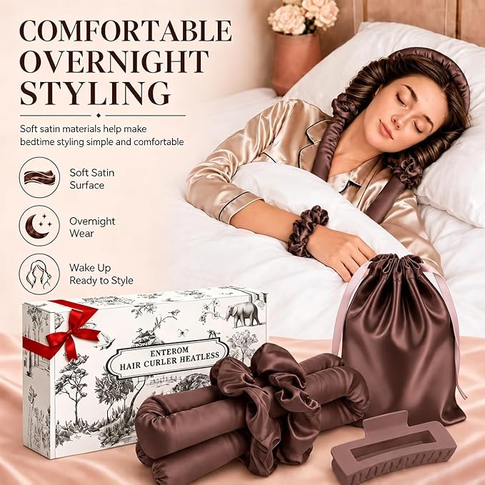 EnteromMuse Heatless Curls Overnight Satin Curling Set No Heat Hair Curler for Long & Short Hair, Heatless Curling Rod&Rollers for Soft Bouncy Curls Complete Kit with Storage Bag(Brown, Original)