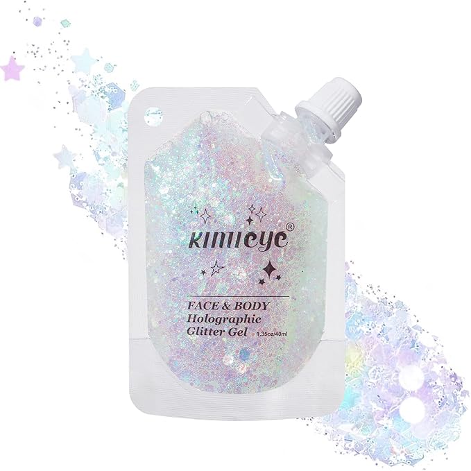 Laser White Face Body Glitter Gel Shimmer Makeup for Hair Clavicle Arm Nail Eyeshadow, Long Lasting Waterproof Holographic Mermaid Sequins for Outfit Rave Festival Party, 1.35oz, #9