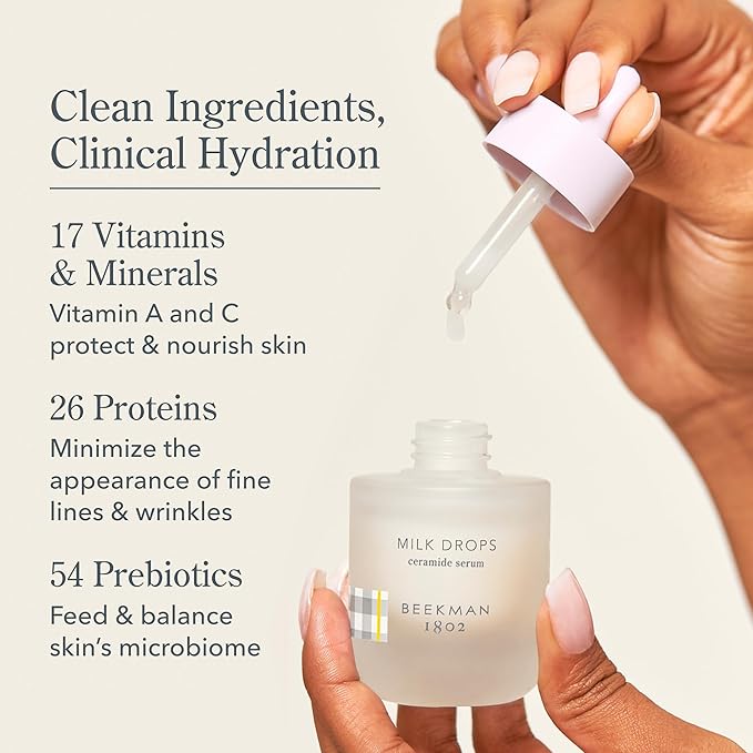 Beekman 1802 Milk Drops Ceramide Face Serum – Hydrating Barrier Serum with Goat Milk, Ceramides, Squalane & Hyaluronic Acid – Lightweight, Fragrance Free – For Oily & Acne-Prone Skin – 1 fl oz