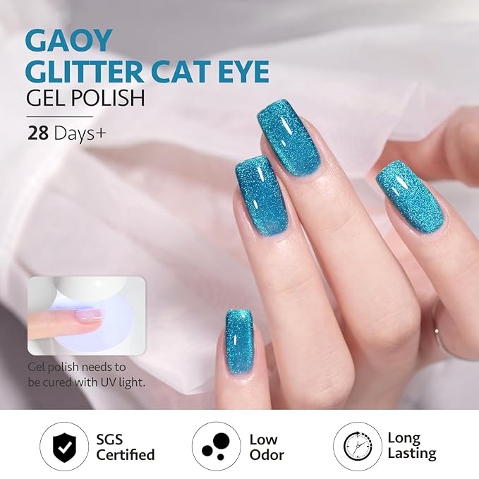 GAOY Blue Glassy Cat Eye Gel Nail Polish, 16ml Glitter Holographic Nail Polish with Magnet, Reflective Translucent UV Gel, 2153 Blue Tears