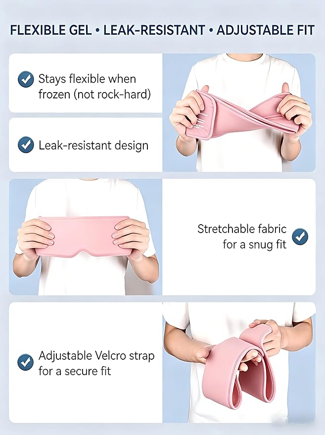 Cooling Eye Mask for Spa Care - Ultra-Flexible Ice Gel for Morning Depuffing & Dark Circles - 360° Eye Coverage - Luxury Self-Care Gifts - Cold Compress for migraines - Reusable Comfortable Pink