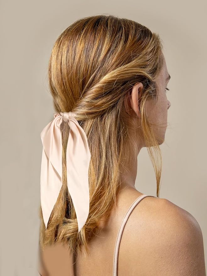 LFOUVRE 3PCS Hair Scarf Scruncheis for Women Knotted Bow Hair Ties Elastic Bands Satin Hair Ribbon Scrunchy Red Ponytail Holder for Women and Girls (Camel Apricot Ivory)