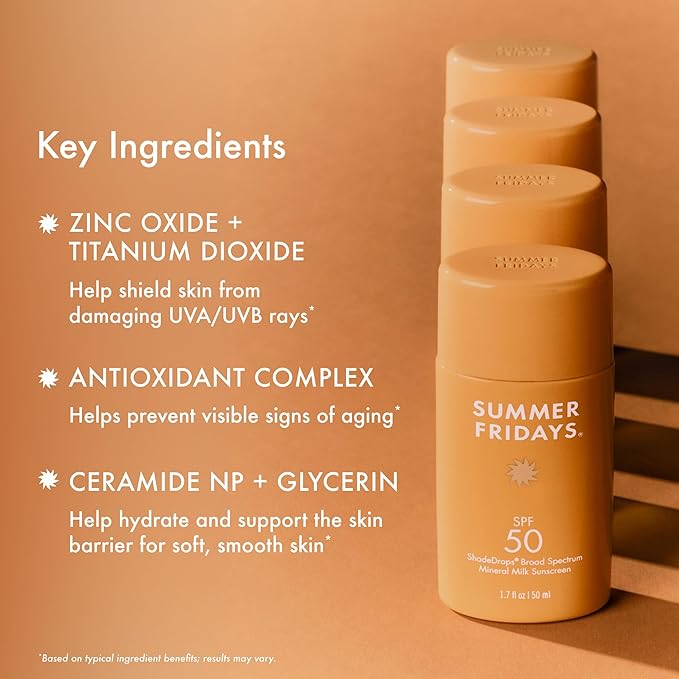 Summer Fridays ShadeDrops SPF 50 Mineral Milk Sunscreen - Lightweight + Hydrating Face Sunscreen - Zinc Oxide SPF for Face with Ceramides - Daily Skin Care for Sensitive Skin - Vegan Sunblock (1.7 Oz)
