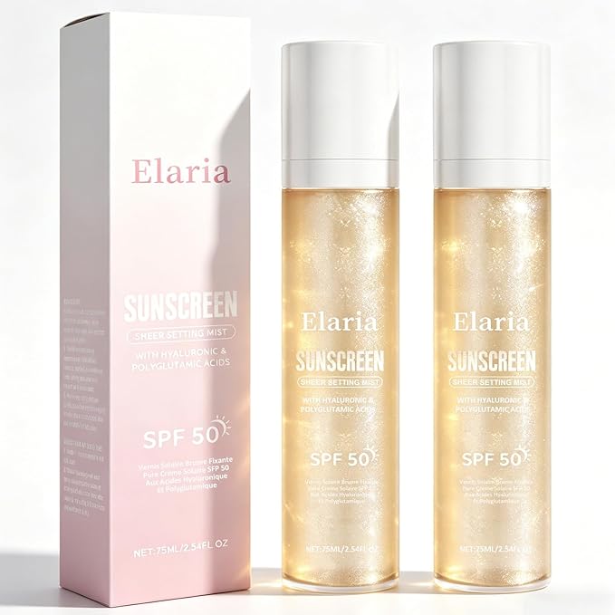Elaria Sheer Setting Mist Sunscreen SPF 50, Shimmer Body Oil Spray for Face & Body, Lightweight, Non-Greasy, Hydrating Makeup-Friendly Glow Spray for All Skin (2)