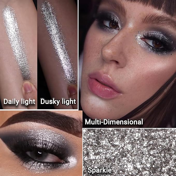 Afflano Silver Glitter Eyeshadow Super Pigmented, Intense Color Gray Silver Eyeshadow Palette Single, Long Lasting Sparkle Shimmer Metallic Glitter Eyes Look, Blendable Neutral Grey Eye Shadow Makeup