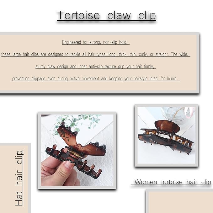 3PCS Large Hat Claw Clip for Women Acetate Tortoise-Shell Claw Clips for Styling Long, Thick, Thin Hair Non-Slip, Strong Hold Can be Used as a Hat Accessory During Exercise