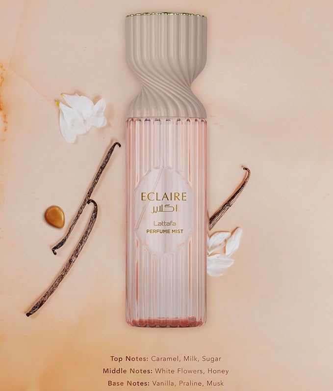 Lattafa Eclaire Perfume Mist 250ml – Body Spray with Caramel, Milk, Sugar, White Flowers, Honey, Vanilla, Praline & Musk for a Cozy, Gourmand Scent