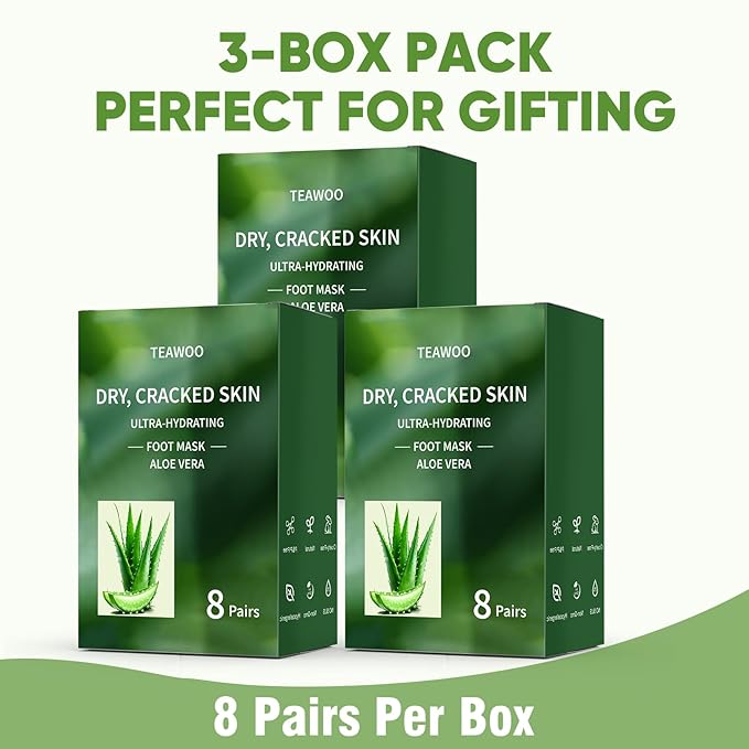 TEAWOO 24 Pairs Moisturizing Foot Masks with Aloe Vera Extract & Jojoba Oil, Intensely Hydrating Foot Mask For Dry Cracked Feet, Moisturizing Socks for Cracked Heel Treatment