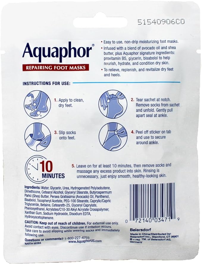 Aquaphor Repairing Foot Masks, Moisturizing Socks for Dry Feet, Hydrating Foot Care Treatment with Avocado Oil and Shea Butter, Pack of 6
