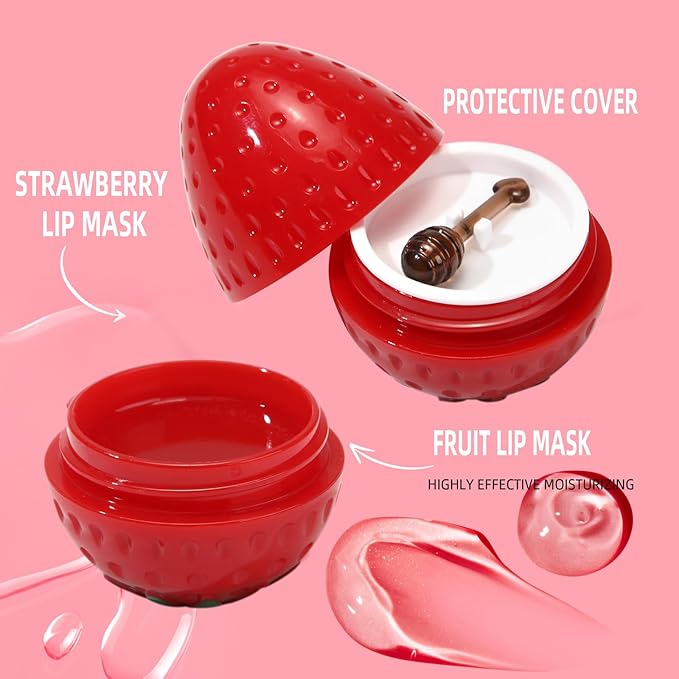 6 PCS Mini Bee Lip Balm Lip Mask Fruit Pot,Strawberry Lip Balm for Teens Girls 8-12,Peach,Cherry Moisturizing Lip Sleeping Mask Overnight Lip Treatment,Color lip Balm Gifts Set,Mothers Day Gifts