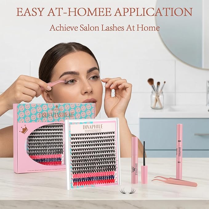 Lash Extension Kit DIY 280pcs Individual Lash Clusters Eyelash Extension Kit, 8-16mm False Eyelash Clusters with Lash Bond and Seal, Lash Tweezers for Self Application (40D Kit with Colors)