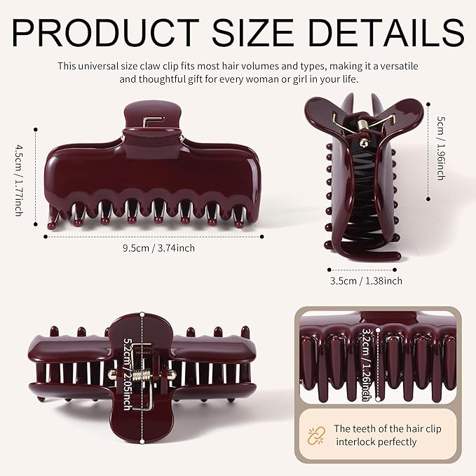 3Pcs Rectangle Hair Claw Clips for Women, 3.8" Premium PC Material Non-Slip Strong Hold Hair Claw for Thick Thin Hair, Durable Comfortable Jaw Clip Large Stylish Hair Accessories Gift Box Set