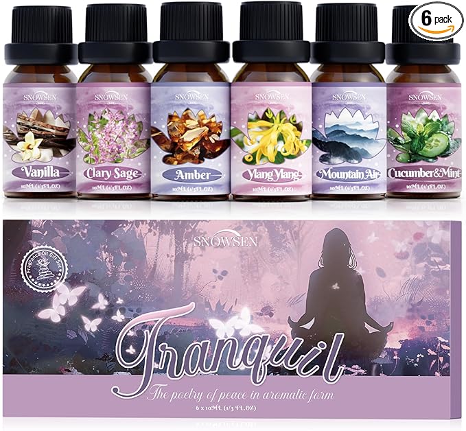 Tranquil Diffuser Oils, SNOWSEN Essential Oil Set for Diffuser, Soap & Candle Making, Aromatherapy Oils Gift Set Includes Amber, Vanilla, Cucumber & Mint, Clary Sage, Ylang Ylang, Mountain Air