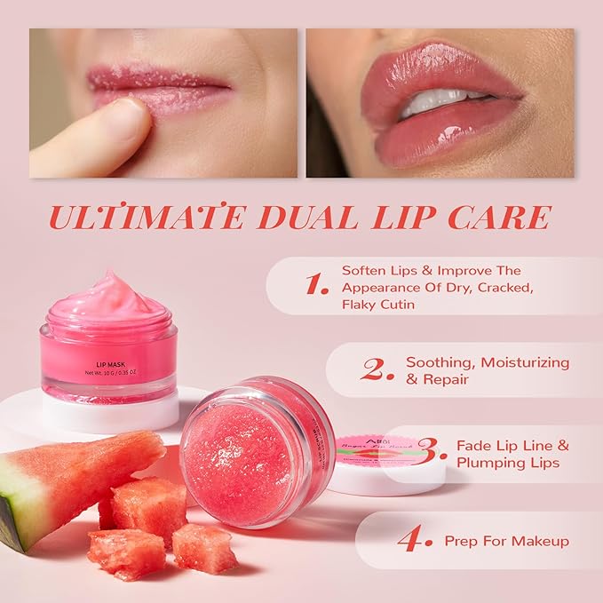 Hydrating Lip Mask Set, Lip Scrub & Lip Butter, Overnight Lip Treatment Set Enriched With Ceramide, Watermelon and Shea Butter, For A Softer & Smoother Lips, Overnight Lip Mask Gifts Kit