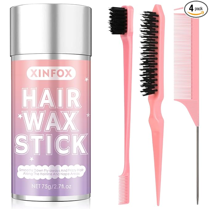 Hair Wax Stick, Slick Back Hair Brush, Wax Stick for Flyaways, Rat Tail Comb Edge Brush Styling Tool Set Accessories for Women Girls(Pink)