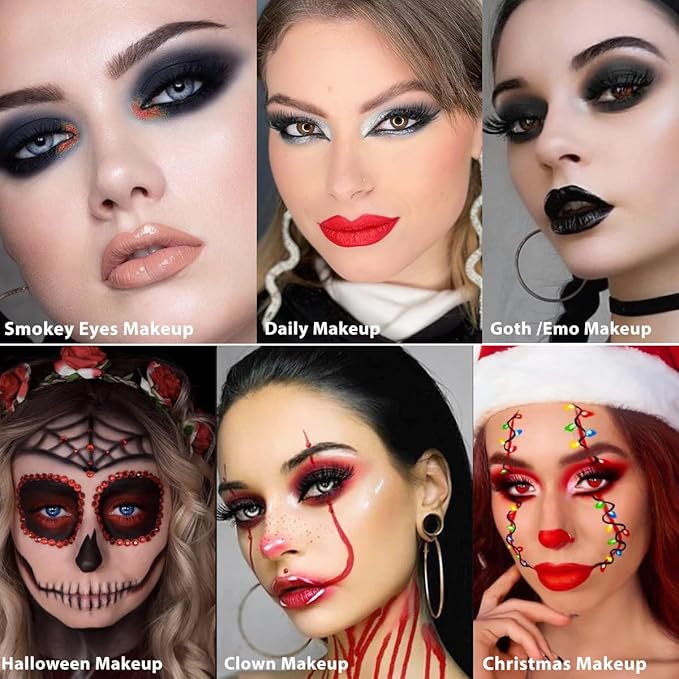 Afflano Black Red Eyeshadow Palette Goth Clown Halloween Makeup, White Silver Glitter Metallic Burgundy Black Eyeshadow Palette Highly Pigmented, Joker Vampire Christmas True Red Smoky Eye Makeup