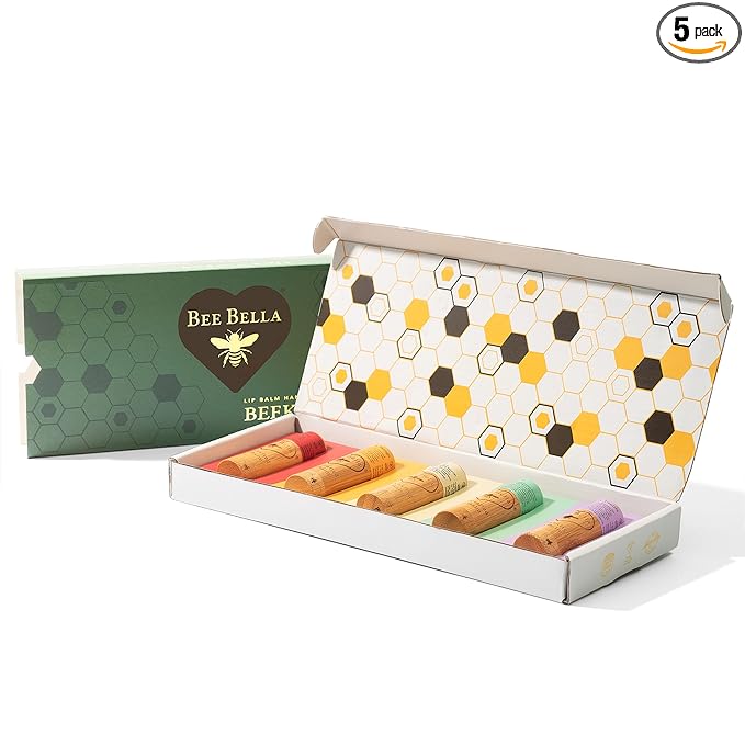 Bee Bella Lip Balm Variety 5 Pack Gift Set, Cherry, Pomegranate Mango, Vanilla Bean, Peppermint, & Lavender Vanilla, Gift, Organic Beeswax with Vitamin E, Handmade in USA