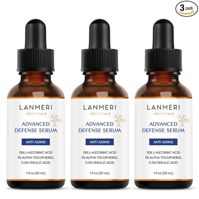 Lanmeri Ceuticals 15% Vitamin C + E + Ferulic Serum: Advanced Antioxidant Defense Formula with 1% Vitamin E & 0.5% Ferulic Acid – High-Stability Vitamin C Serum (1 Fl Oz (Pack of 3), C+E+Ferulic)