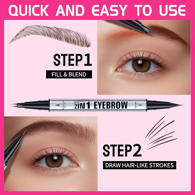 Eyebrow Pen, Waterproof 2-in-1 Dual-Ended Microblading Eyebrow Pencil Upgraded Eye Brow Pen with 2 Fork Tip for Natural-Looking Hair-Like Defined Brows, Last All-Day (Dark Brown)