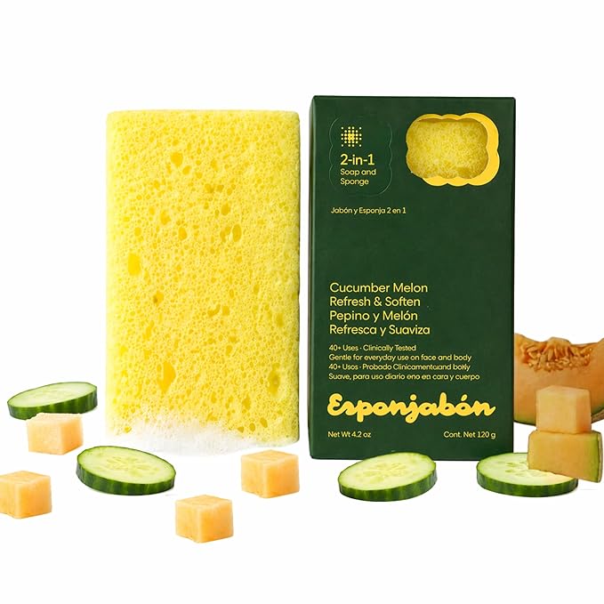 T.Taio Esponjabon Soap Sponge - Cleansing Shower Scrubber - Cleaning Bath Wash Scrub - Oil Removal - Massage & Lather Foot, Elbow, & Face - Bathroom Accessories - Cucumber & Melon Soap