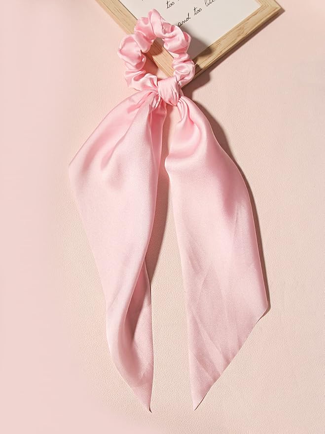 Pack of 2 Knotted Bow Hair Scrunchies Elastic Hair Scarf Black Hair Ties Bands Satin Hair Ribbon Scrunchy Red Ponytail Holder for Women and Girls (Light pink)