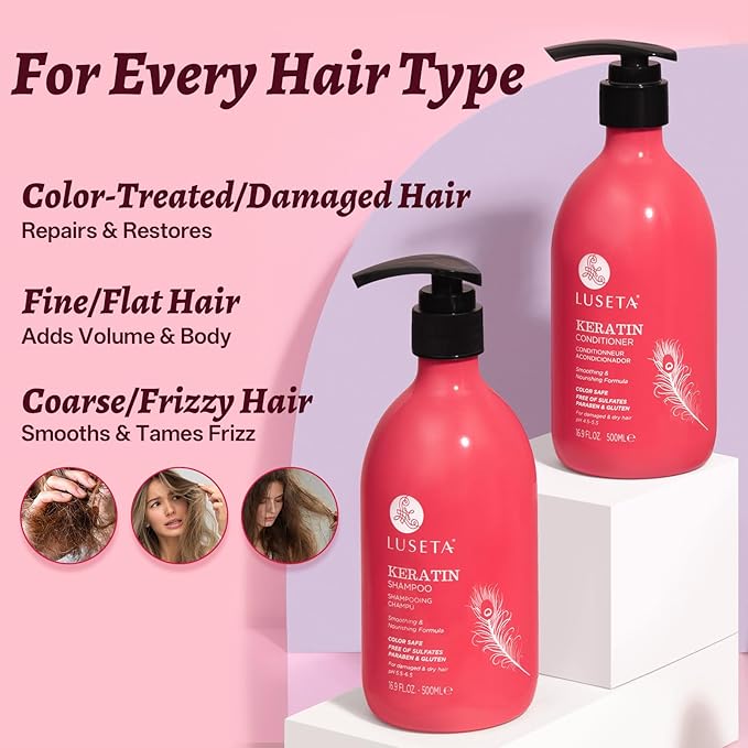 Luseta Keratin Shampoo and Conditioner Set Moisturizing Treatment for Dry Hair Smooth & Repair Damaged Hair for Women Sulfate Free 16.9 oz