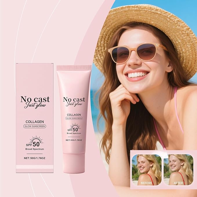 No Cast Just Glow Collagen Sunscreen, SPF 50 PA++++ Face Sunscreen with Peptide and Centella, Lightweight, Non-Sticky, Soothing Natural Sun screen Skincare