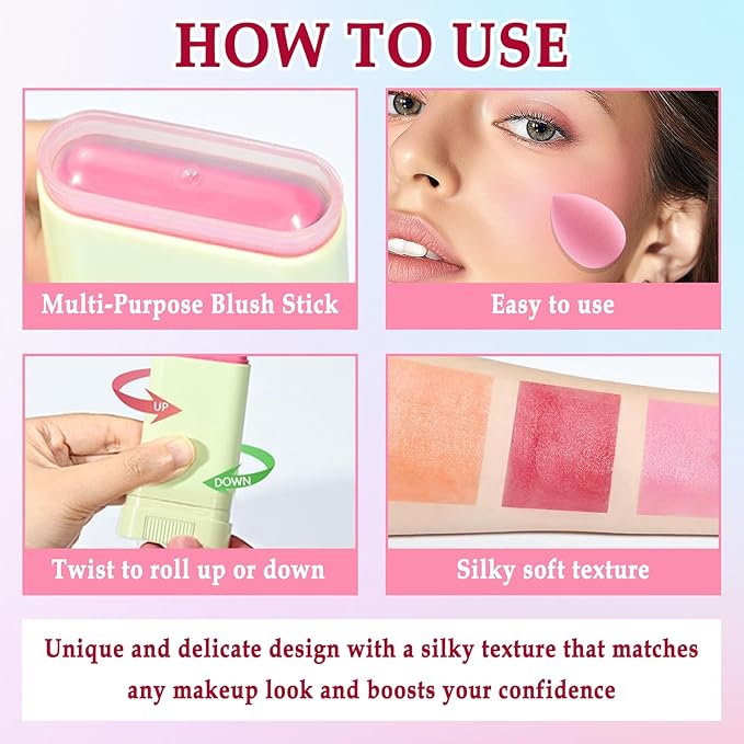 3 Colors Blush Stick with Makeup Sponges,Matte Solid Cream Blush,Multi-Use Blush Stick for Cheeks,Lips and Eye,High Pigmented Makeup Sticks Set A