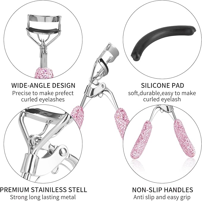Bling Rhinestone Eyelash Curlers Stainless Steel Natural and Long Lasting Eyelash Fit for All Eye Shape Curved Lash Curler (Pink)