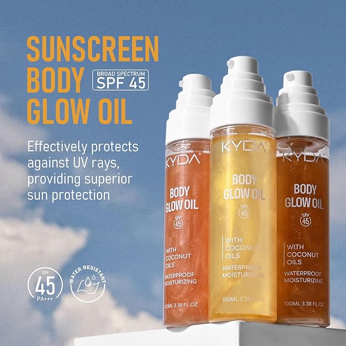 Sunscreen Body Glow Oil, Broad Spectrum SPF 45, Lightweight Waterproof Moisturizing Coconut Shimmer Oil with Gold Mica, Travel Size Summer Sunscreen Skin Illuminator-GOLD, 3.38 fl oz