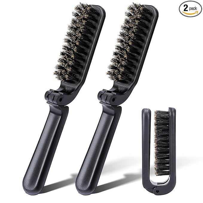 2 Pcs Travel Folding Boar Bristles Hair Brush, Collapsable Pocket Anti-Static Range Mini Beard and Hair Styling Tool for Women and Men (Black)