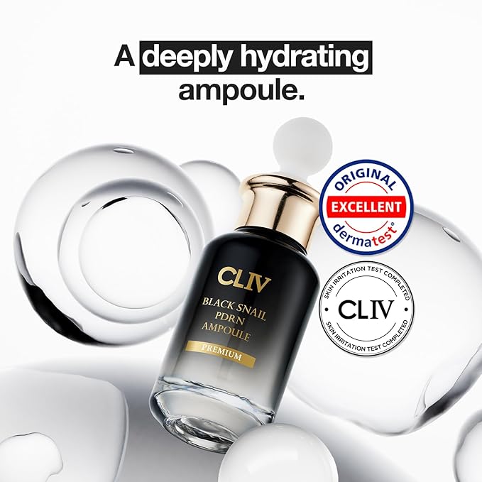 CLIV Black Snail PDRN Ampoule - 65% Snail Secretion Filtrate & Sodium DNA Facial Serum - Hydrating Collagen for Elasticity & Moisture - Korean Skincare for Dry & Sensitive Skin, 1.01 fl oz (30ml)