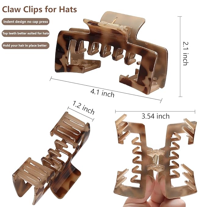 4 Pcs Large Hats Claw Clips for Women, Hat-Friendly Hair Clips for Trucker Hats and Baseball Caps, Tortoise Shell Non-Slip Strong Hold Hair Claw Clips for Thick Thin Hair
