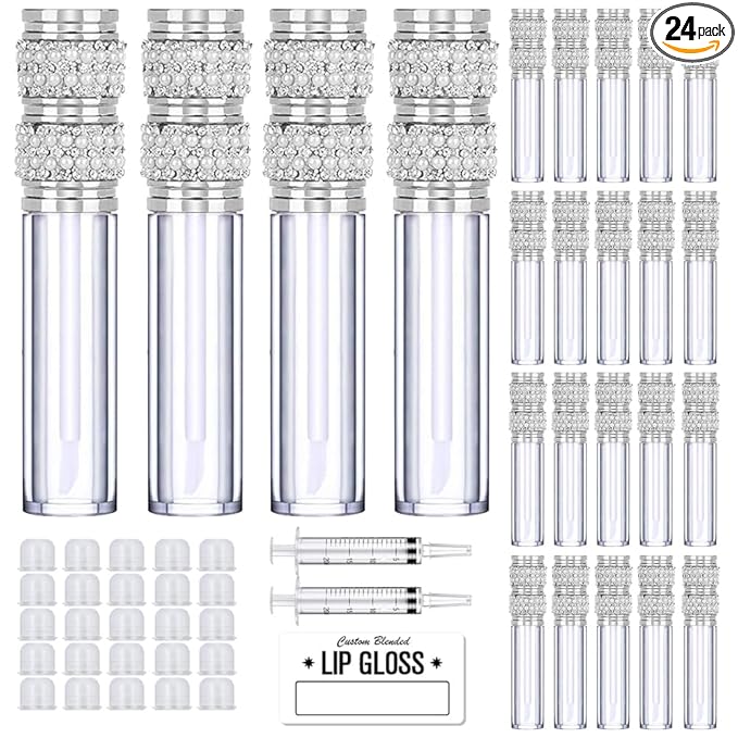 AMORIX 24pc 5ml Lip Gloss Tubes with Wand, Pearl Style Containers & Syringes + Labels for DIY Lip Gloss