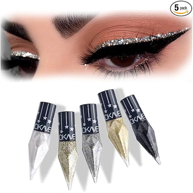 Glitter Eye Liner Liquid, 5 Colors Sparkling Diamond Metallic Eyeliner - Gold, Black, Silver, White - Waterproof Lasting Shimmer & Eyeshadow Fluid, Dazzling Eye Makeup for Women