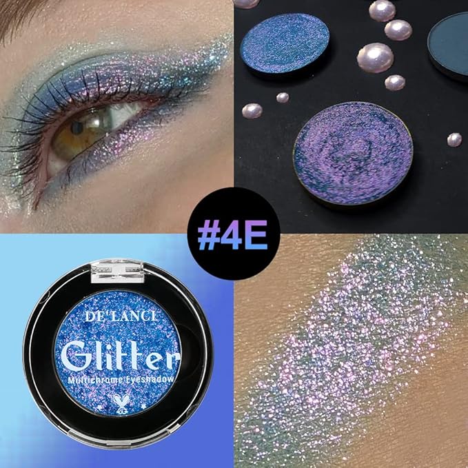 Afflano Holographic Eyeshadow Glitter, Color Change Multichrome Eyeshadow Silver Blue Shimmer Metallic Eye Makeup, Sparkling Pigment Chameleon Duo Chrome Eye shadow for Blue Eye Makeup
