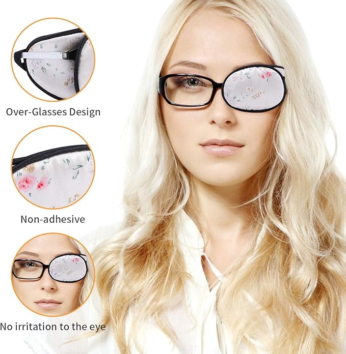 eZAKKA Eye Patches for Adults, Eye Patch for Glasses, Silk Patch for Lazy Eye Amblyopia Strabismus and After Surgery (Floral+Black Polka Dots)