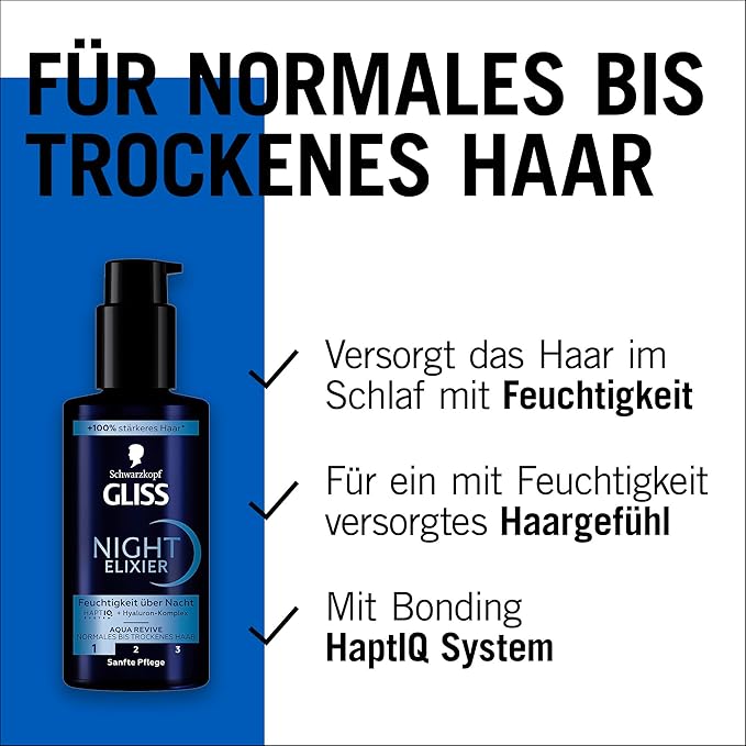 GLISS Schwarzkopf Night Elixir Aqua Revive Hair Serum, 100 ml Leave-In Overnight Hydrating Treatment with HaptiQ Micro-Bond Technology and Hyaluronic Complex for Normal to Dry Hair