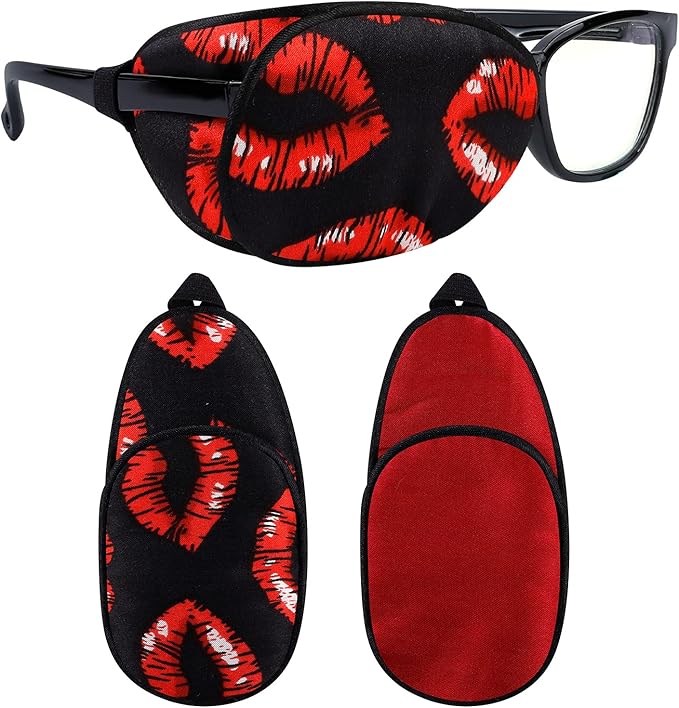 eZAKKA Eye Patches for Adults, Eye Patch for Glasses, Silk Medical Eyepatch for Lazy Eye Patches for Women Amblyopia Strabismus and After Surgery (Red Lips + Claret)