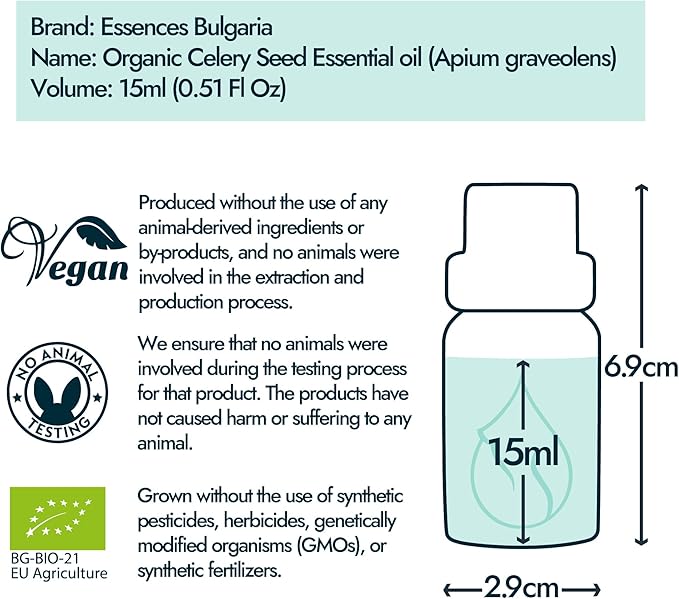 Essences Bulgaria Organic Celery Seed Essential Oil 0.51 Fl Oz | 15ml | Apium graveolens | 100% Pure | Natural | Undiluted | Therapeutic Grade | Aromatherapy | Cosmetics | Cruelty Free | Vegan