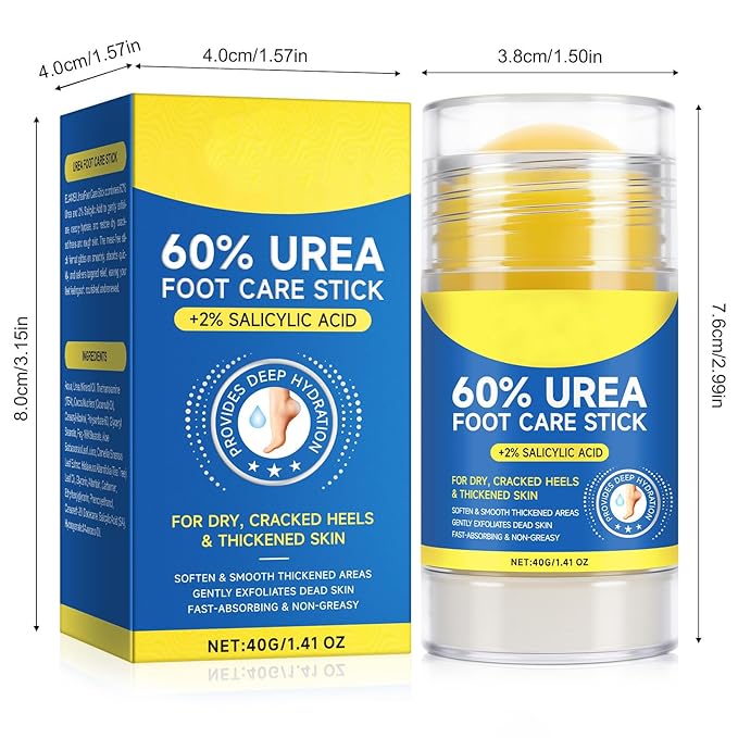 60% Urea Cream plus 2% Salicylic Acid Foot Care Stick, Deeply moisturizes rough skin and Gently exfoliates, Urea Foot Cream for Dry, Cracked Feet, Knees, Elbows and Hands, 1.4 oz (1 PCS)