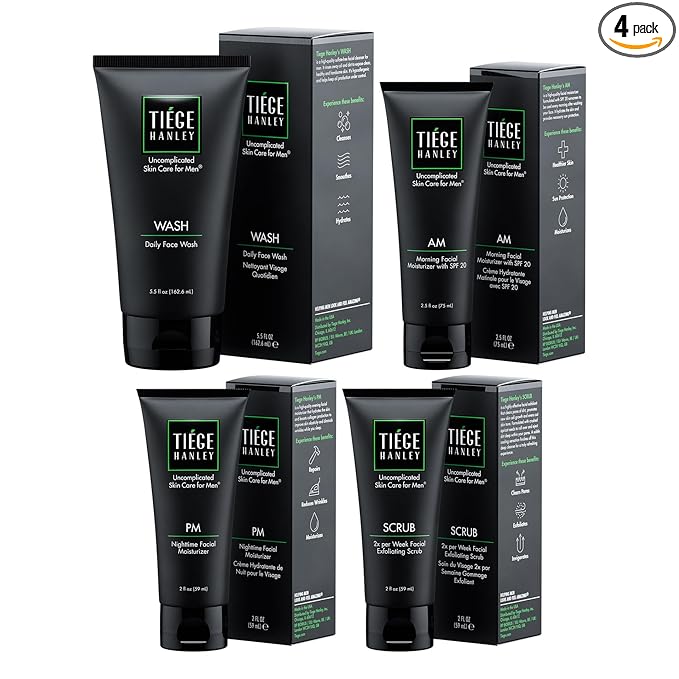 Tiege Hanley 90 Day Large Skin Care Set for Men, Essential Routine, System Level 1, Daily Face Wash, Facial Scrub, Moisturizer With SPF, and Night Cream for Healthy Skin, Men’s Skin Care, 4 Piece Kit