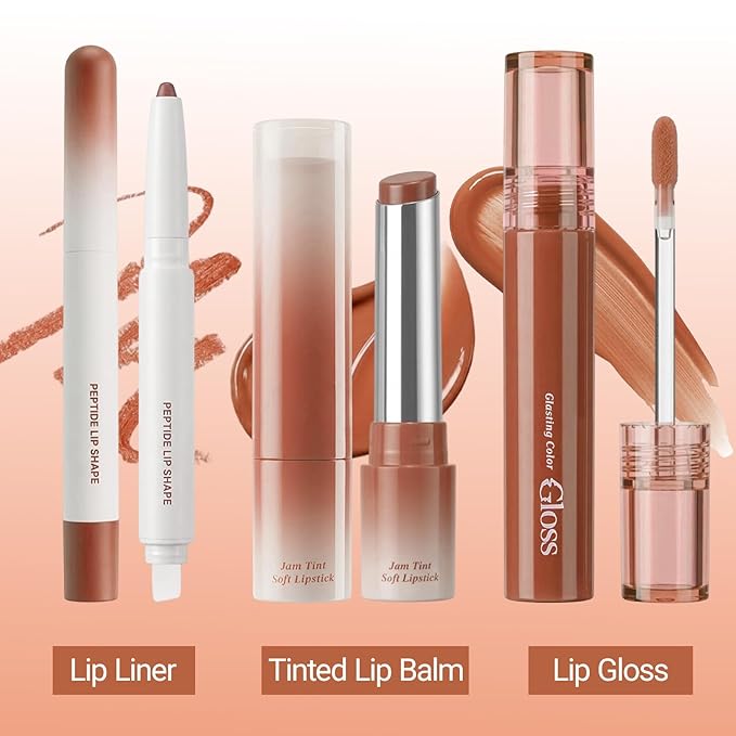 Erinde 3PCS Lip Combo Set, Nude Lip Kits with Lip Liner, Hydrating Balm Lipstick & Plumping Glossy Gloss, Long-Lasting, Lightweight, Non-Sticky, Juicy Lip Contour Trio Set for Women, 02 Caramel Brown