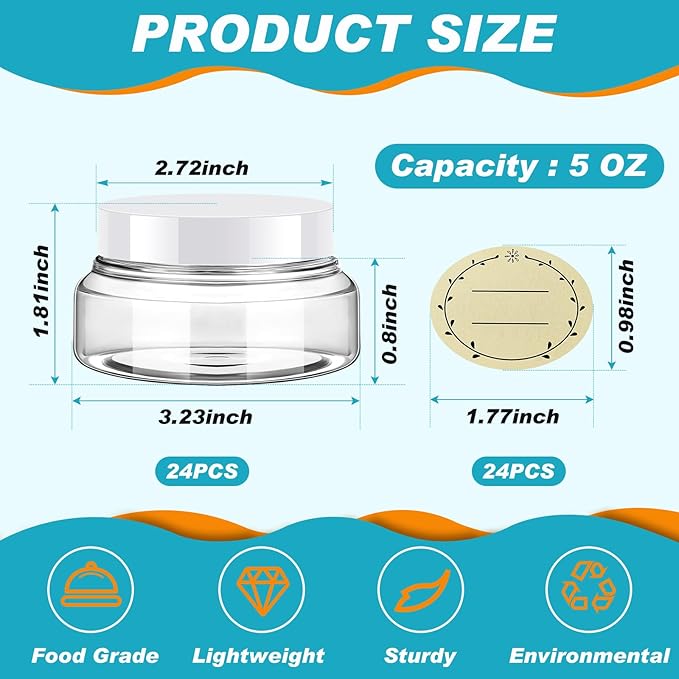 Tessco for you 24 Pack Plastic Jars with Lids Labels Multiuse Slime Containers Empty Body Scrub Jars Round Refillable Cosmetic Body Butter Container for Makeup (5 oz,White)