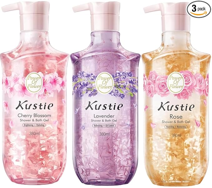 Kustie Real Flower Petal Perfume Body Wash with Essential Oils, 24H Fragrance & Deep Moisturizing Cleanse Shower Gel for Sensitive & Dry Skin with Pump Bottle, 12.8 fl oz, 3-Pack