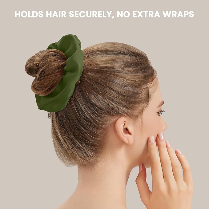 2PCS 100% Mulberry Silk Hair Ties, Silk Hair Scrunchies for Women, No Damage for Curly Hair (Black, Olive Green, L)