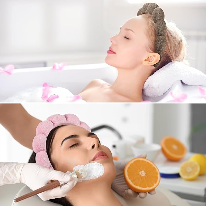 Ztomine Spa Headbands, Set of 2, Terry Cloth Headband Face Wash Headband Combo Pack - Puffy Makeup Headbands for Face Washing, Mask (Dark khaki + pink)