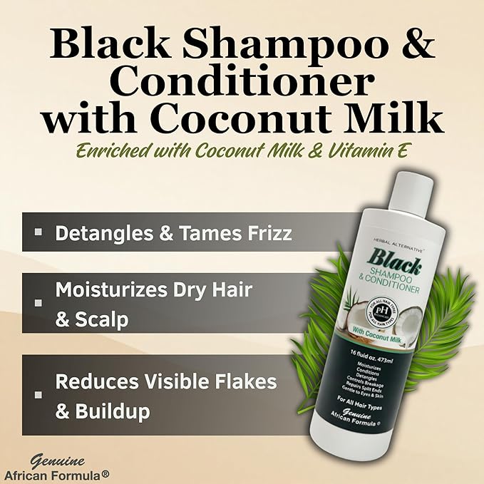 Black Shampoo & Conditioner with Coconut Milk | 2-in-1 Moisturizing Shampoo & Conditioner for Dry, Itchy, or Damaged Hair | Shea Butter, Keratin & Vitamin E | Hydrates, Smooths Frizz, Adds Shine, 16oz